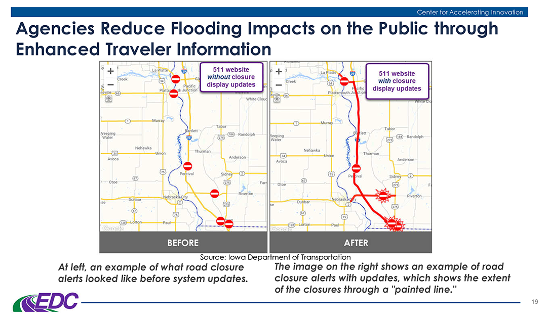 Mr. Murphy provided examples of weather responsive practices being tried by state DOTs, including an advanced traveler information notification deployed by Iowa DOT.