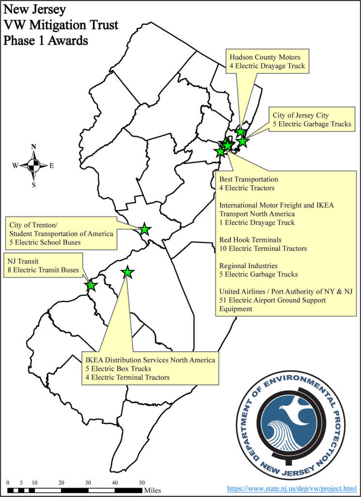 NJ VW Mitigation Trust Phase 1 Awards Map. Photo Source: NJDEP, 2020.