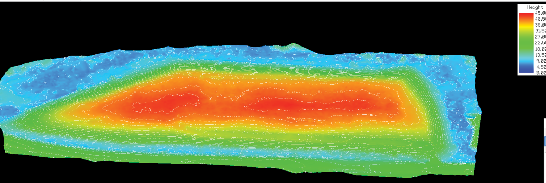 Figure 2. Route 29 & Duck Island Landfill. Shown here is a contoured elevation heatmap. The model that was created is 3D by default, so creating this view is extremely easy to do. The model shows little erosion along the top and steep sides. Inasmuch as the model is both precise and accurately geo-located, future surveyed models of this ecologically sensitive area can easily be compared to this model.