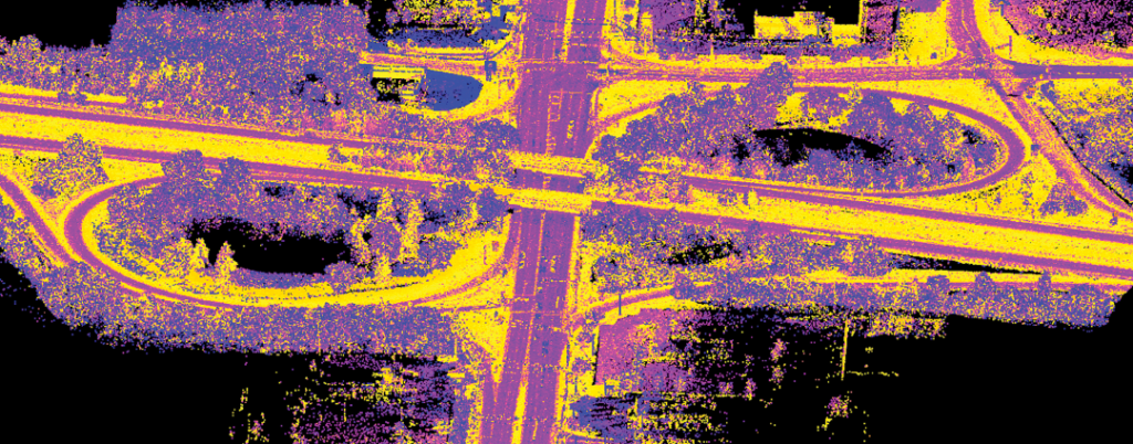 Figure 3. Routes 55 & 47 were surveyed using a mobile unit which produces an enormous number of accurate and precise points (approximately ¼” inches apart for about 2 miles) for this bridge replacement project.