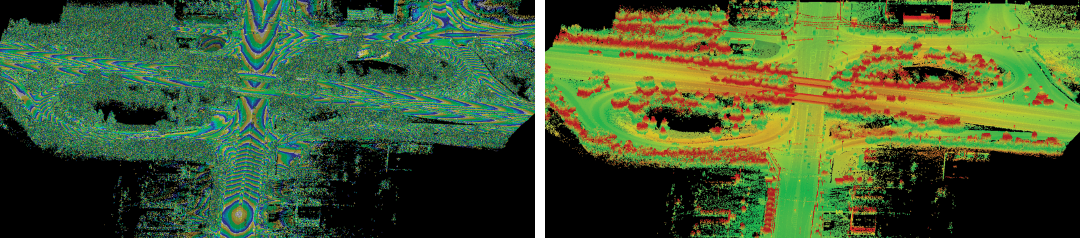 Figure 4. Switching the “view mode” of a point cloud is just a click. These views show the point cloud in contour mode (0.1 contours) and deviation from a plane mode.