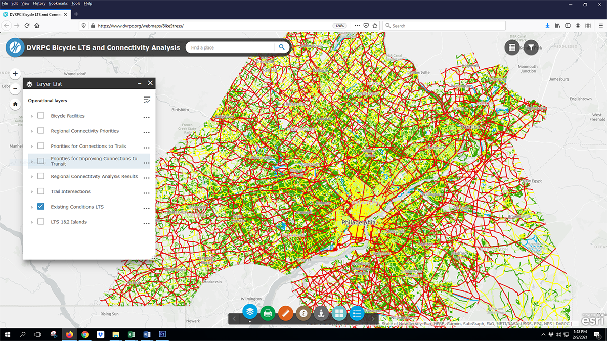 Figure 2. DVRPC map shows existing conditions map for Levels of Traffic Stress