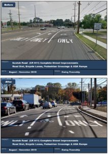 Restriping on Scotch Road resulted in addition of a bike lane between the through lane and the right turn lane