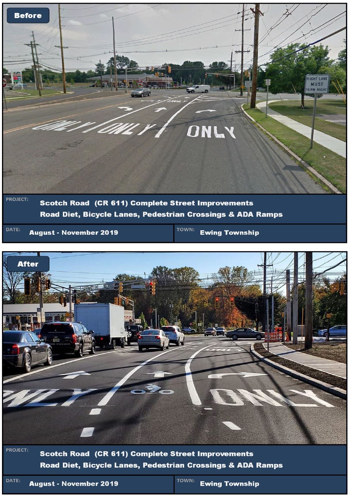 Restriping on Scotch Road resulted in addition of a bike lane between the through lane and the right turn lane
