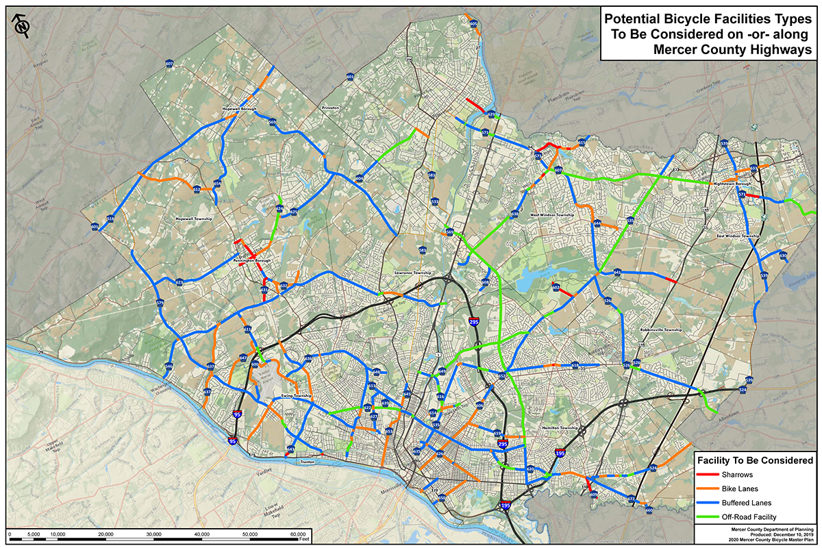 Mercer County uses their map of potential bicycle facility types for all County roadways and the Highway Department’s repaving schedule to identify projects for each paving season. Click for high resolution map