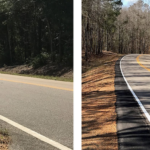 Image of a road, before and after safety treatment, in the second image there is an extra curb of asphalt added to the shoulder, to help keep cars more centered on the roadway