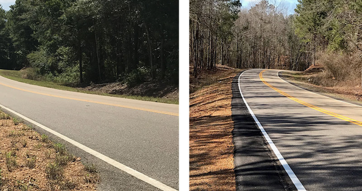 Image of a road, before and after safety treatment, in the second image there is an extra curb of asphalt added to the shoulder, to help keep cars more centered on the roadway