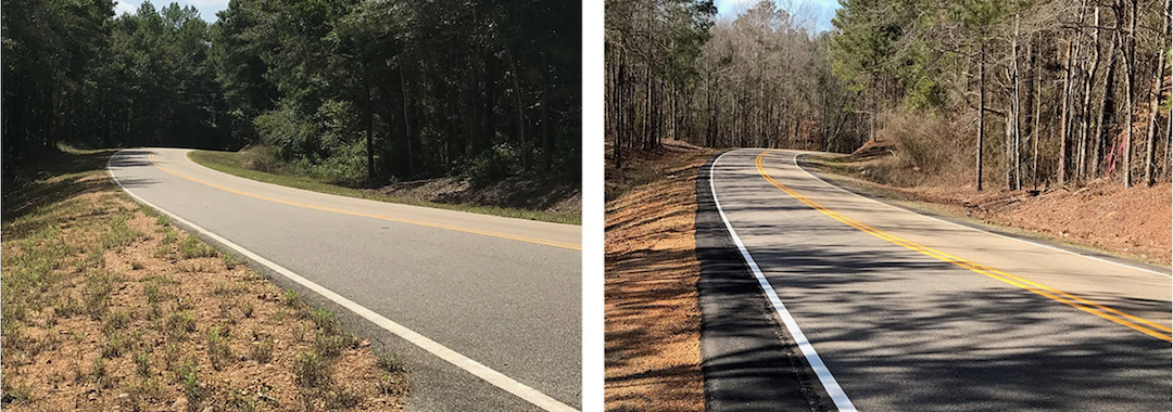 Image of a road, before and after safety treatment, in the second image there is an extra curb of asphalt added to the shoulder, to help keep cars more centered on the roadway