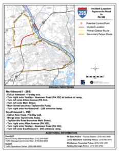 Image of two detour routes from I-295, one goes on a road to the north and then southeast to rejoin the highway, the other to the south and then northwest. 