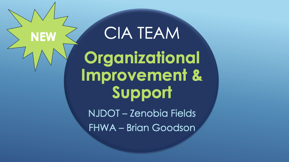 Slide image reading: New! CIA Team Organizational Improvement & Support - NJDOT - Zenobia Fields, FHWA - Brian Goodson