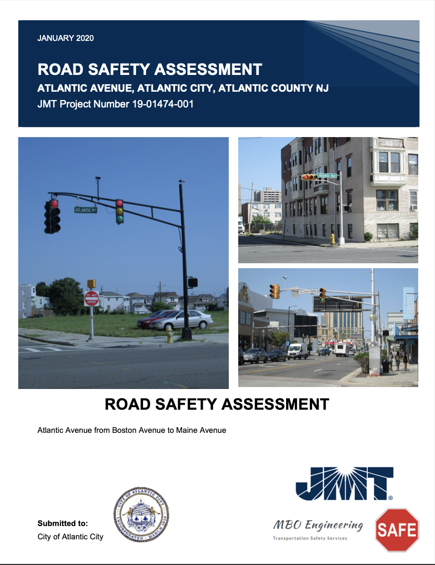 PDF cover, reading January 2020, Road Safety Assessment, Atlantic Avenue, Atlantic City, Atlantic County, NJ, then there are three images of the route, rather car-oriented in design, followed by text: Road Safety Assessment, Atlantic Avenue from Boston Avenue to Maine Avenue