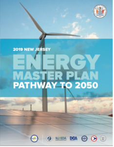 Image of Pdf cover reading 2019 New Jersey Energy Master Plan, Pathway to 2050. Behind the text is a wind turbine and a solar panel.