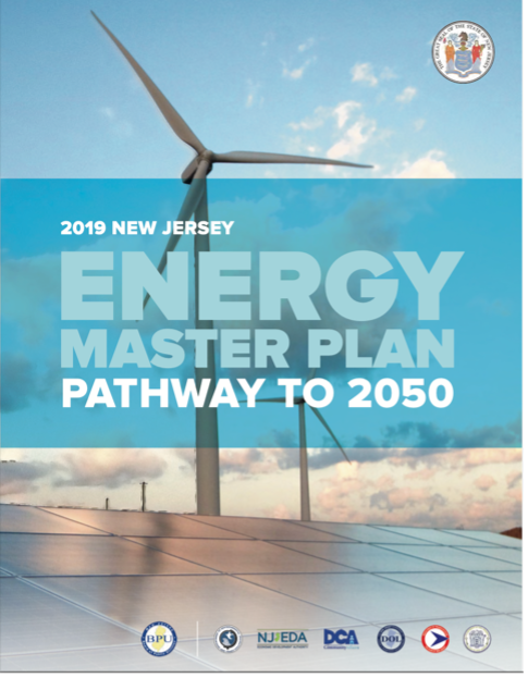 Image of Pdf cover reading 2019 New Jersey Energy Master Plan, Pathway to 2050. Behind the text is a wind turbine and a solar panel.