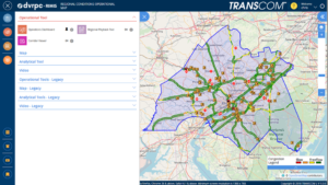 Image of RIMIS Operational Tool, which is a map of the DVRPC region, with Philadelphia at the center, and portions of New Jersey to the east, and Pennsylvania to the West, highway routes are marked in green and yellow, yellow denoting slower than usual operations, orange construction worker signals denote construction along the corridor, many of them are clustered aroudn Philadelphia.