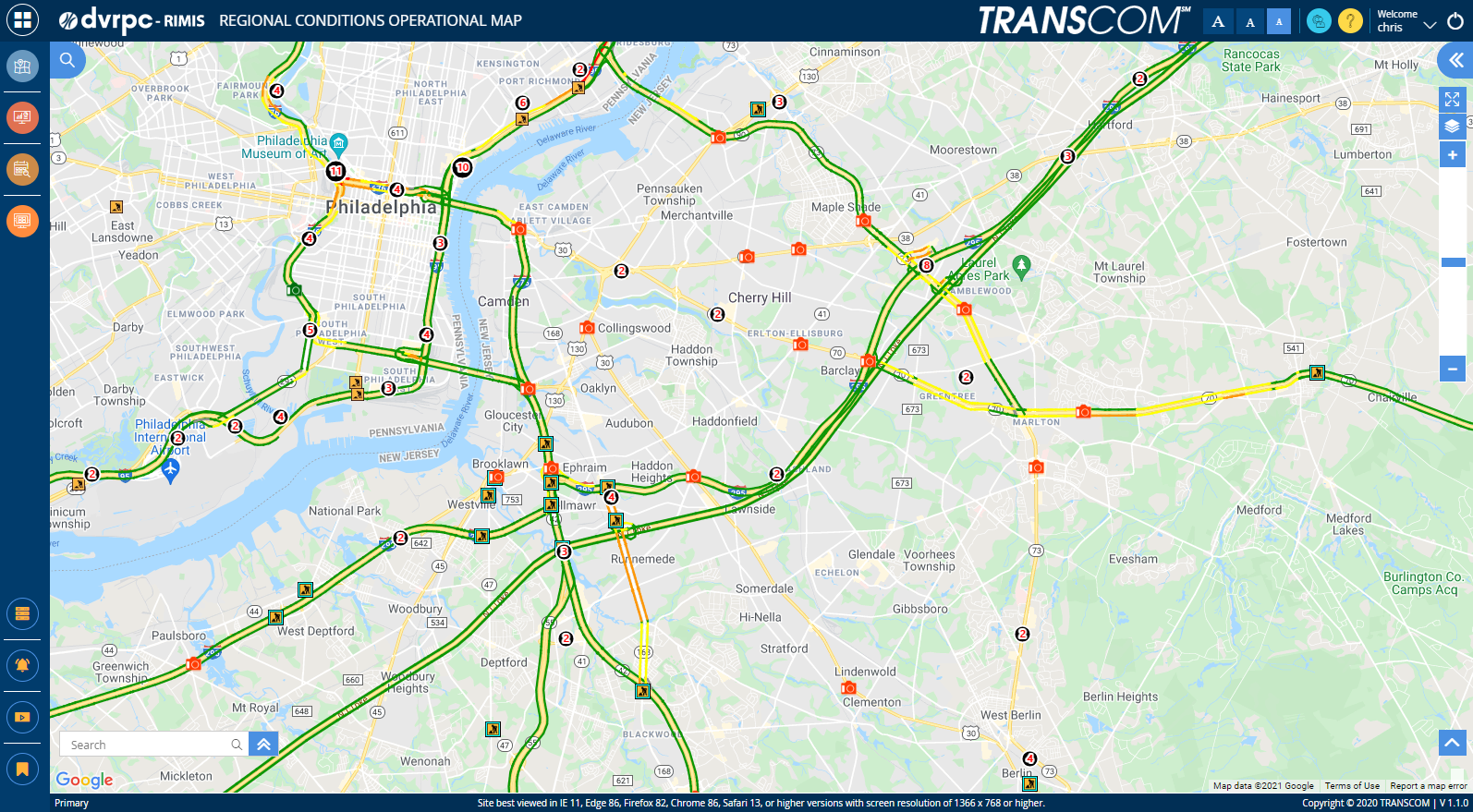 An insert of the RIMIS Operational Tool, this shows Camden and Philadelphia more closely. Most of the highways are marked in green, meaning regular traffic flow, though one in Center City is yellow and orange, denoting a slowdown.