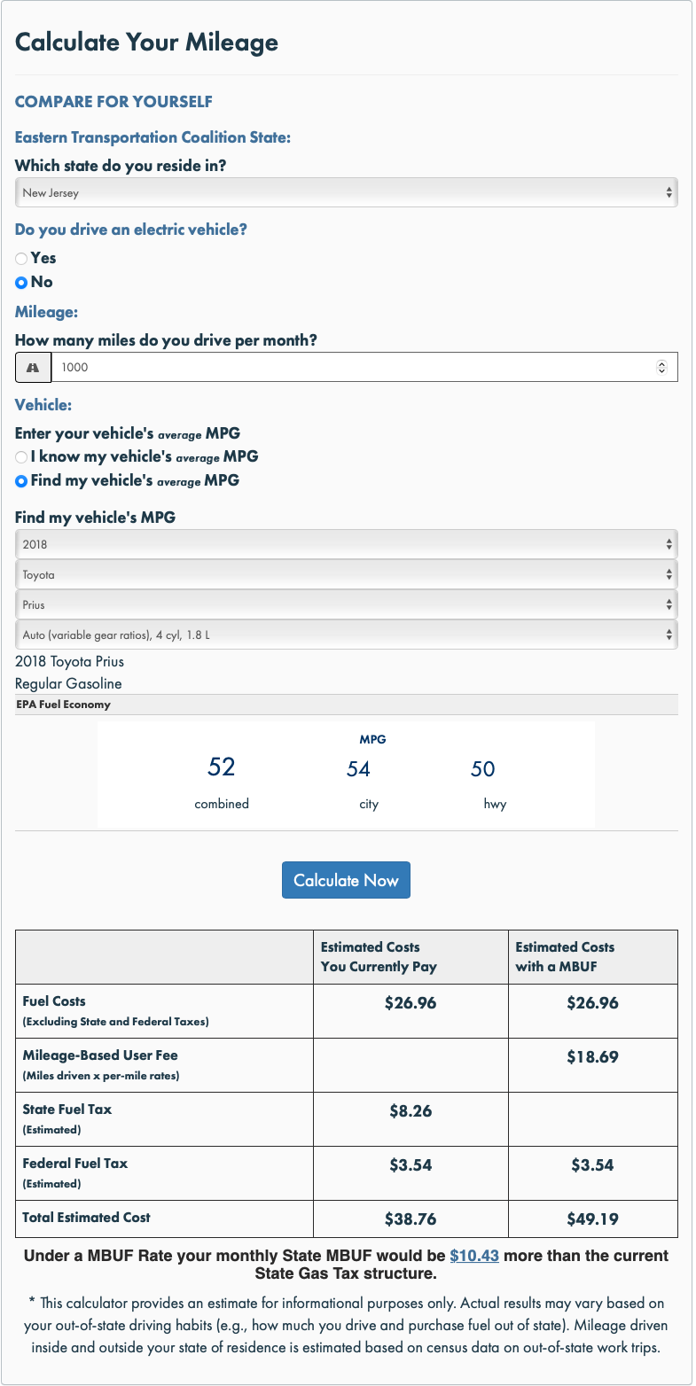 Hybrid mileage calculation for 1000 miles with 2018 toyota prius, they would pay $10.43 more under MBUF than the $38.76 they currently pay.