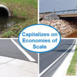 Four images, a drainage pipe, an overpass, a parking space, and a curb, with text in the center that reads Capitalizes on Economies of Scale