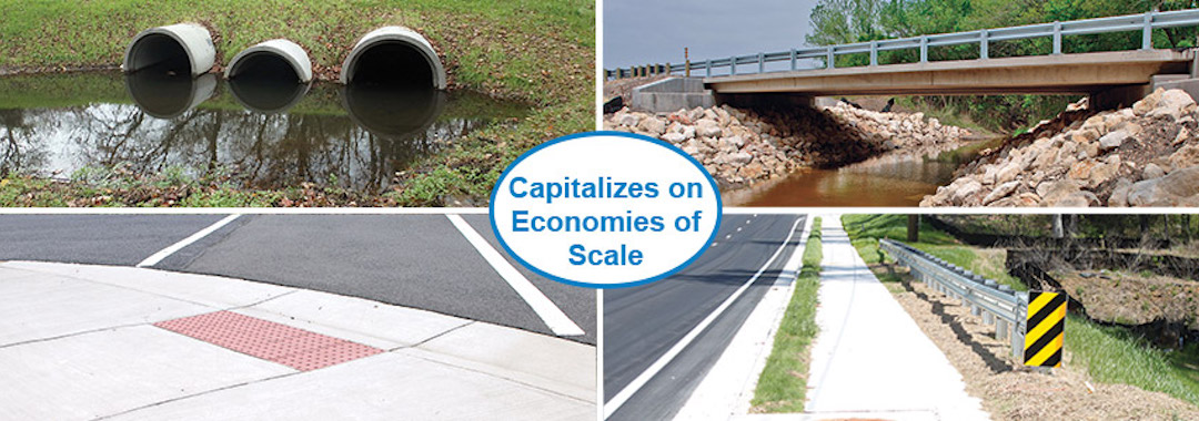 Four images, a drainage pipe, an overpass, a parking space, and a curb, with text in the center that reads Capitalizes on Economies of Scale