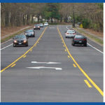Three images: left, a pedestrian crossing, middle, a road with a turning lane in the middle, and right, a construction worker measures the edge of a roadway