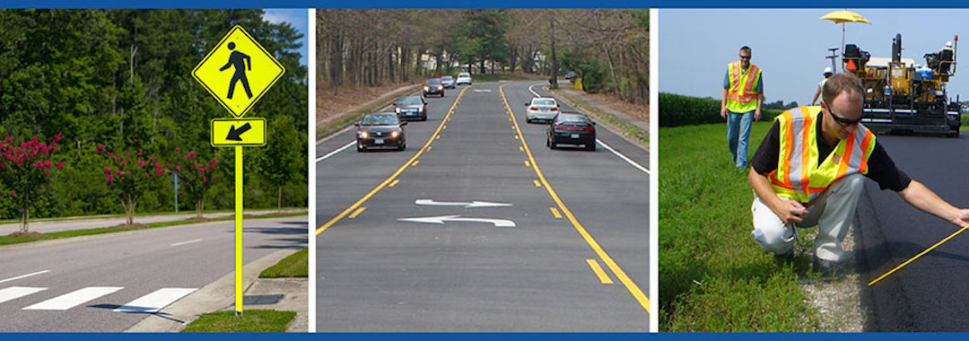 Three images: left, a pedestrian crossing, middle, a road with a turning lane in the middle, and right, a construction worker measures the edge of a roadway
