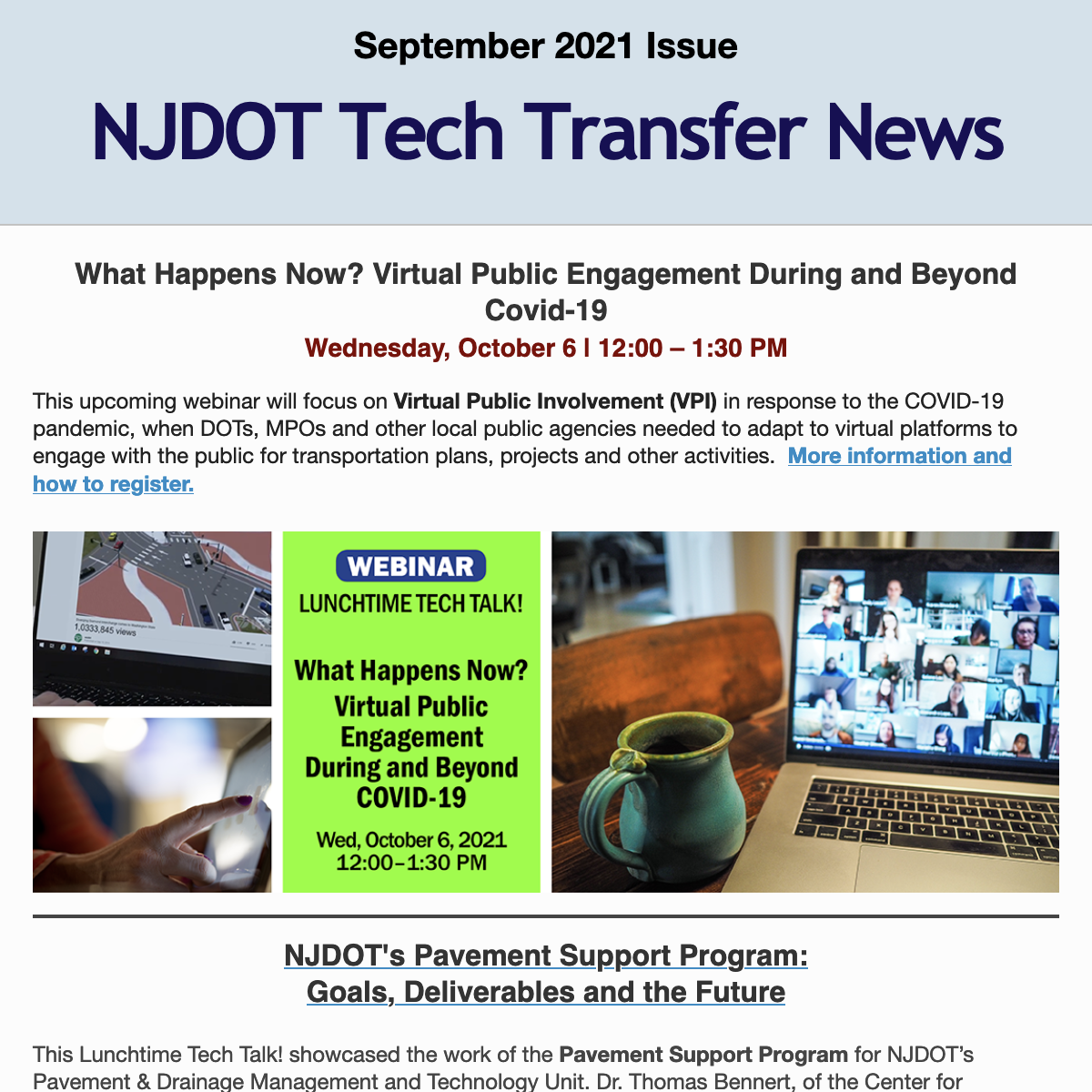 Reads September 2021 NJDOT Tech Transfer News, with first item being What Happens Now? Virtual Public Engagement During and Beyond Covid-19