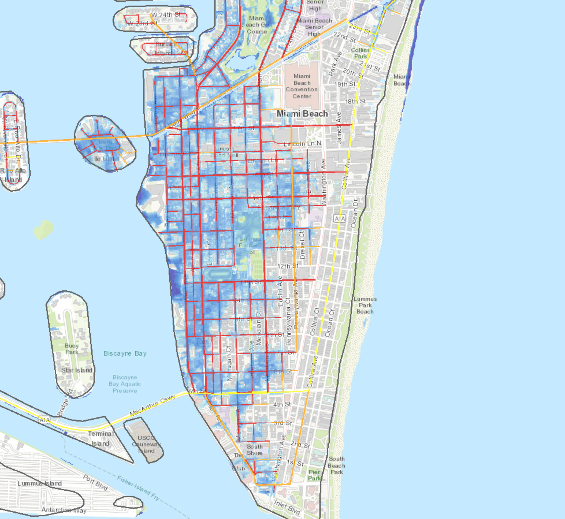 Figure 7. A mapping tool shows sea level rise (SLR) scenarios and affected transportation infrastructure in Miami Beach. Courtesy of University of Florida