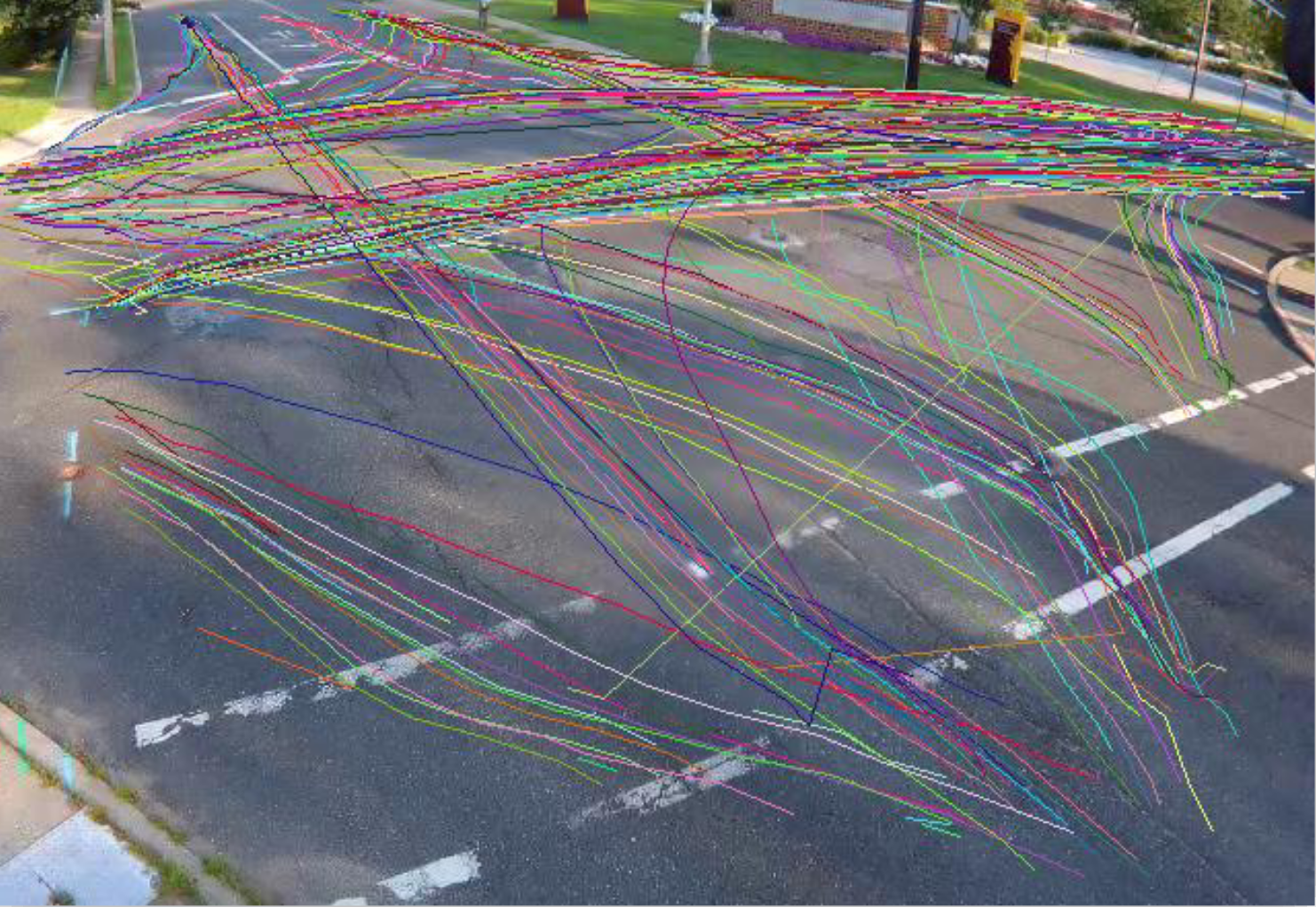 Image of an intersection with overlays of different colors, showing vehicle paths as they drive past, demonstrating different travel paths