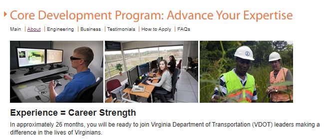 Virginia DOT promotes its Core Development Program on its website to attract and inform potential employees.