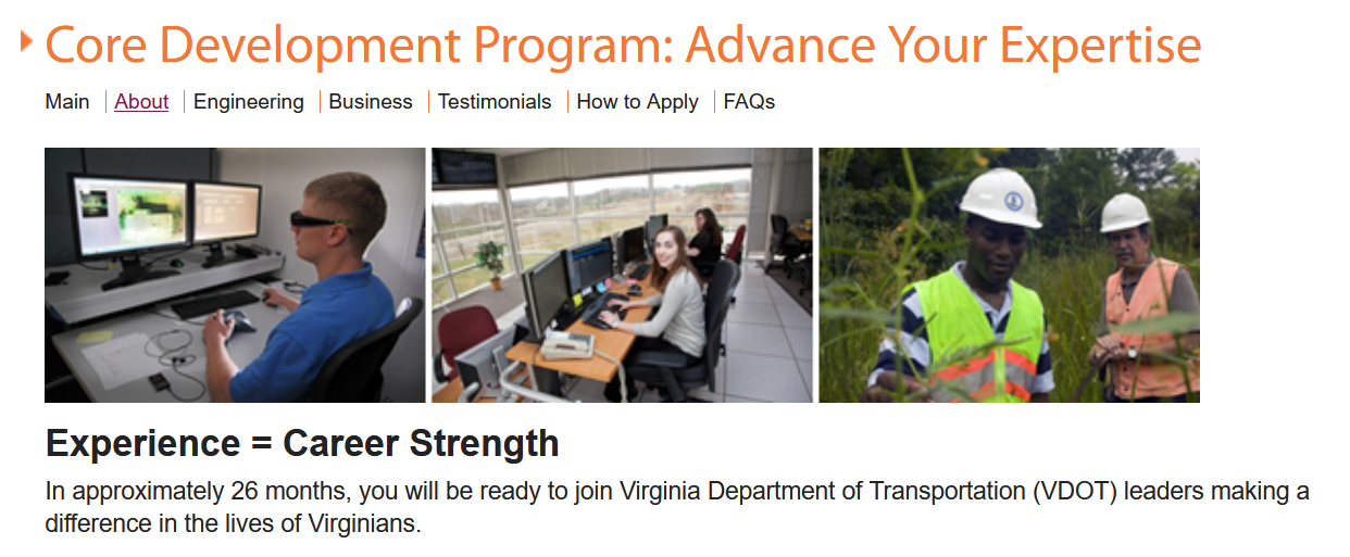 Virginia DOT promotes its Core Development Program on its website to attract and inform potential employees.