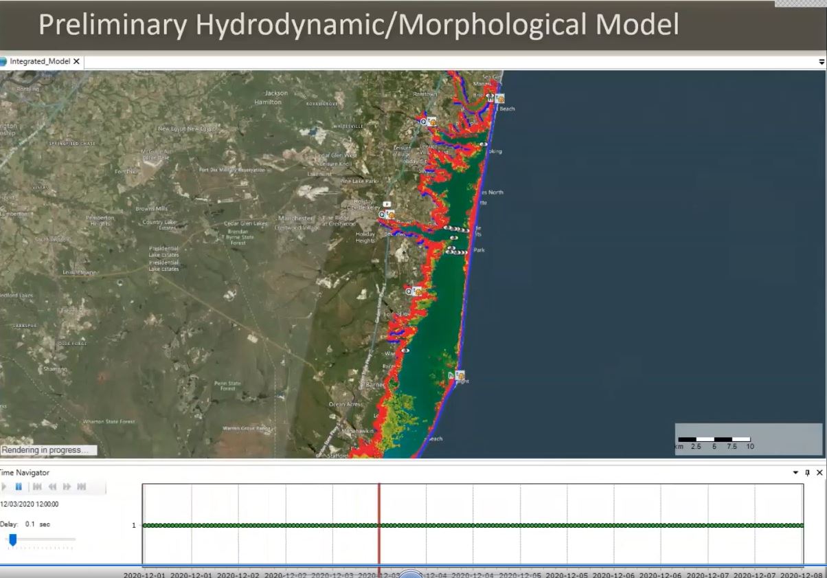 Dr. Barone shared several visualizations and explained how the hydrodynamic /morphological model can be used to optimize locations, configurations, and timing of dredge materials placement