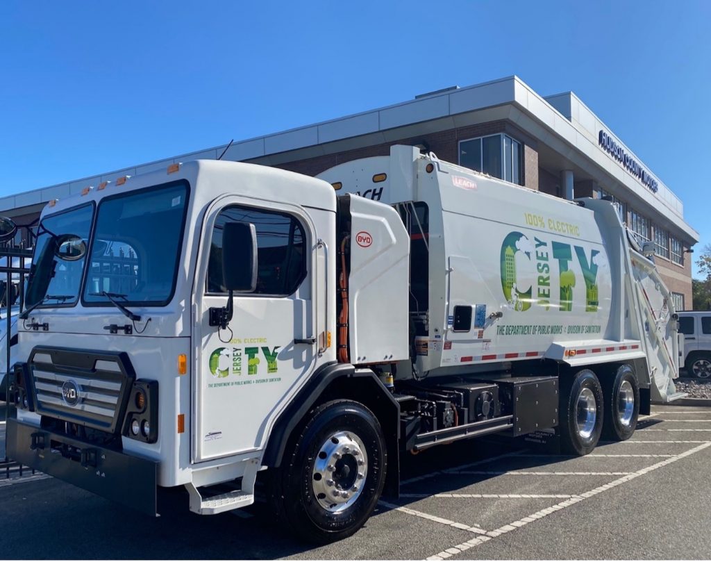 One of the five fully electric garbage trucks deployed in Jersey City, the first in New Jersey. Courtesy of BYD