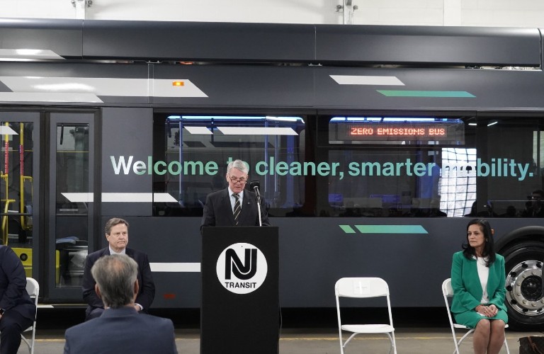 NJ Transit CEO Kevin Corbett unveiling the first NJ Transit bus garage with electric charging capability.