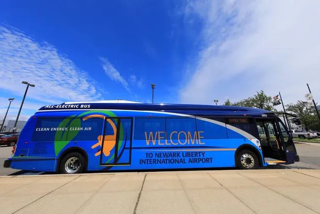 An electric powered bus at Newark Liberty International Airport. NJ Transit plans to have a zero-emission fleet by 2040.