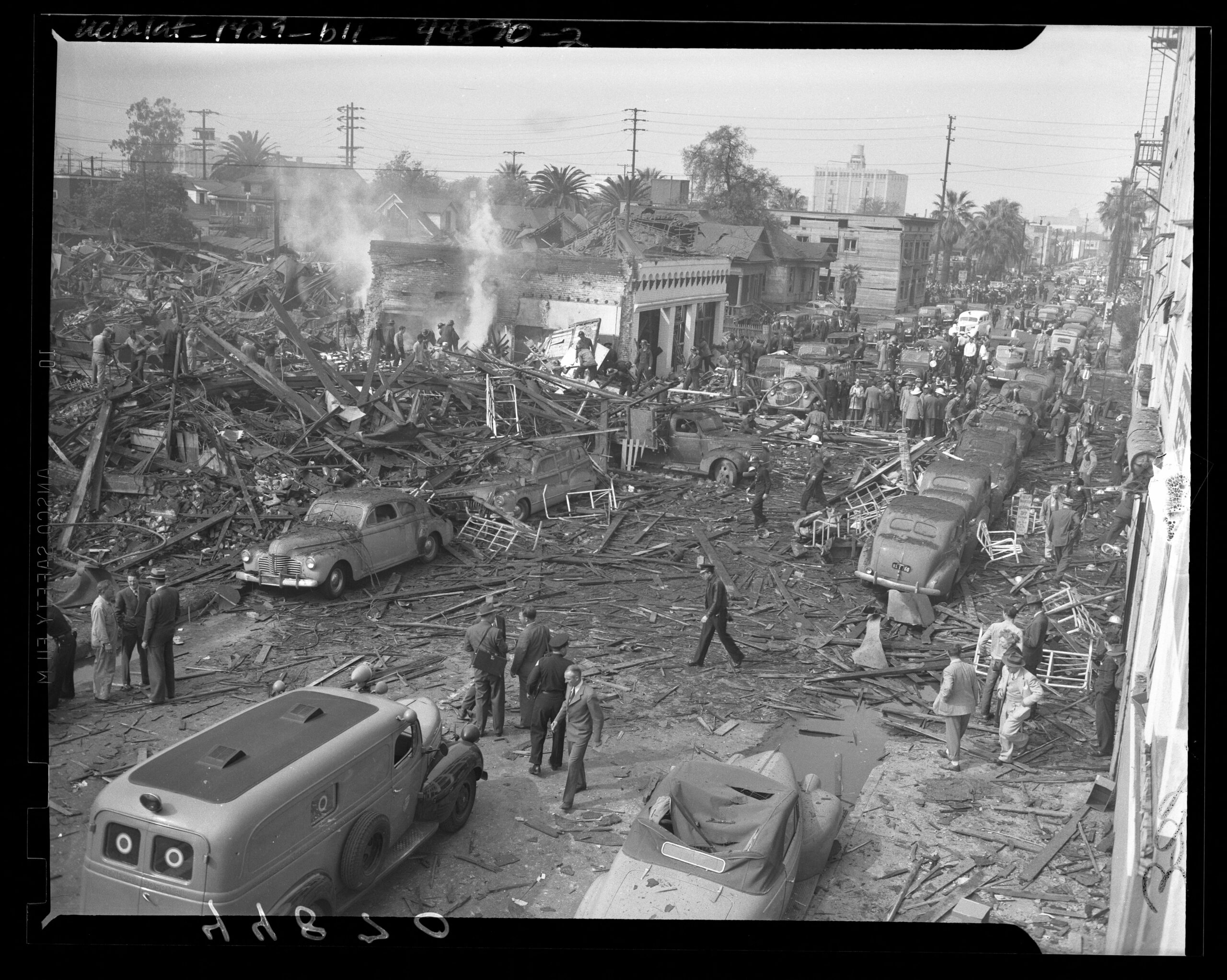 Emergency services on scene at O'Connor Electro-Plating explosion in Los Angeles, Calif., 1947. Courtesy of UCLA Library.