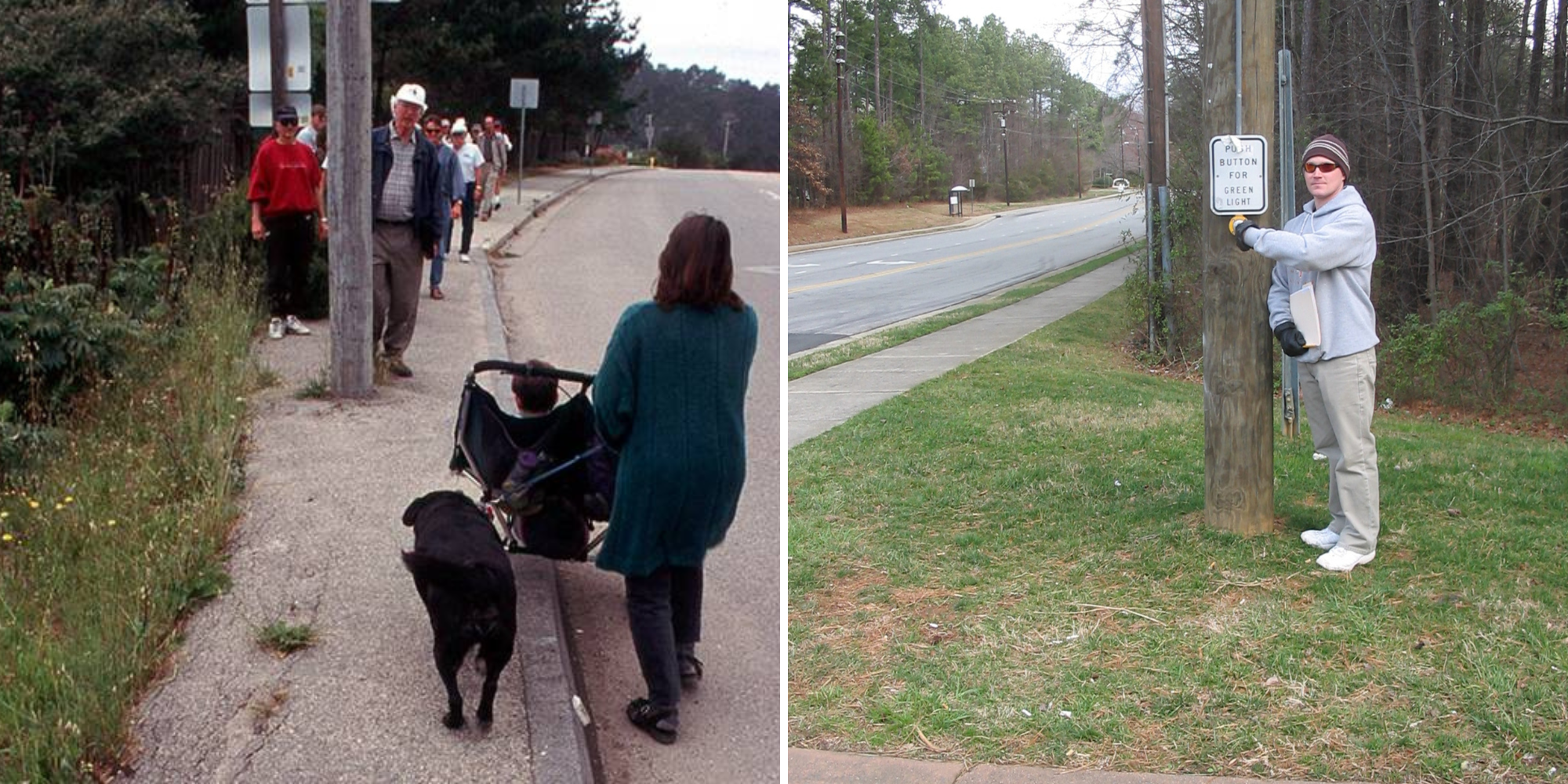 Obstructions to sidewalks and the location of critical pedestrian infrastructure, such as pushbuttons, away from pavement can signal spatial hostility to pedestrians. Right image courtesy of www.pedbikeimages.org; Dan Burden; left image courtesy of www.pedbikeimages.org, Laura Sandt. 
