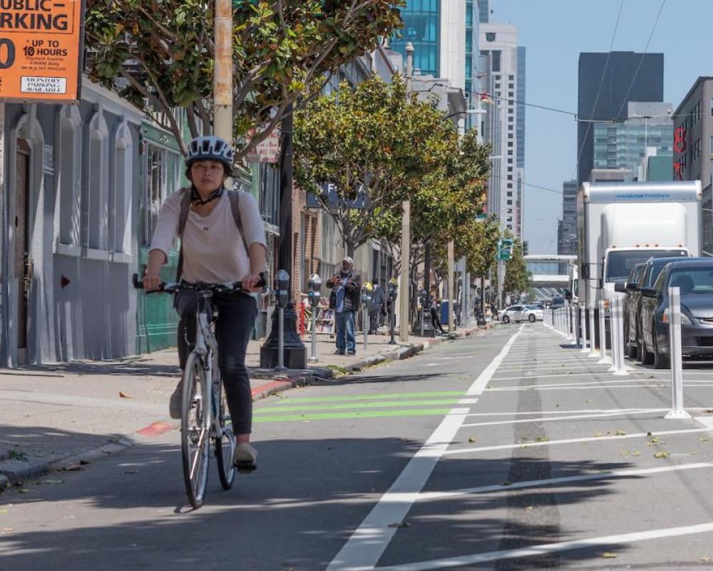 Physical barriers or guard poles funded through RAISE will address safety inequities affecting cyclists. Courtesy of the San Francisco Municipal Transportation Agency.